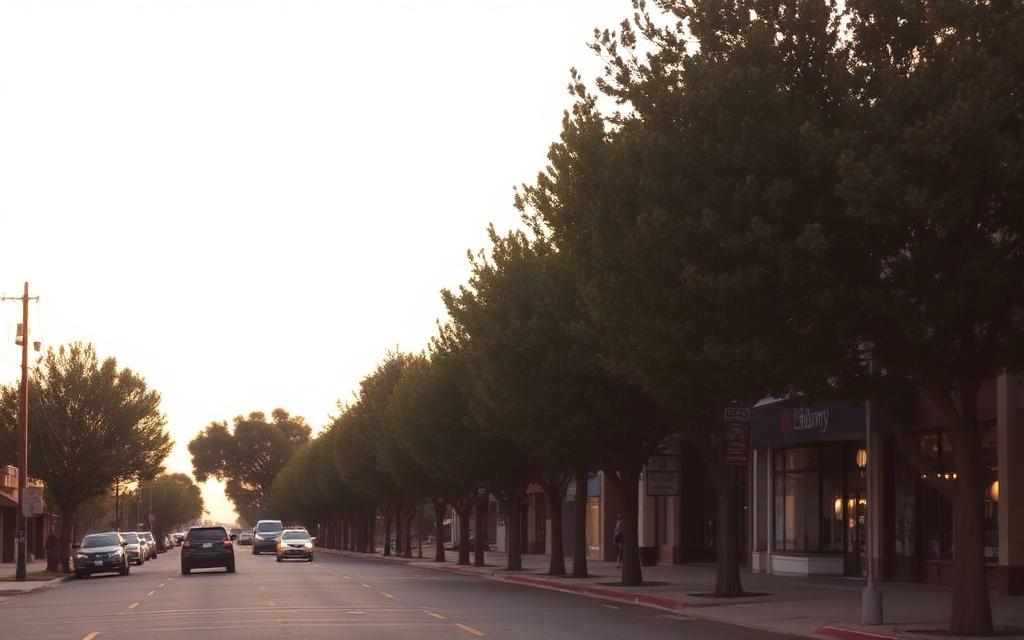 Tree-lined Albany avenue with low storefronts in soft evening light