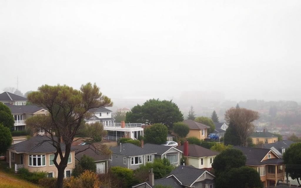 Berkeley hillside homes among trees under coastal fog