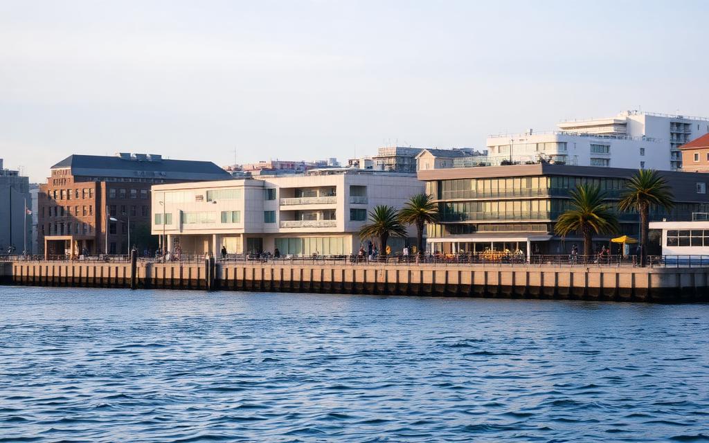 Oakland waterfront buildings beside calm bay water in morning light