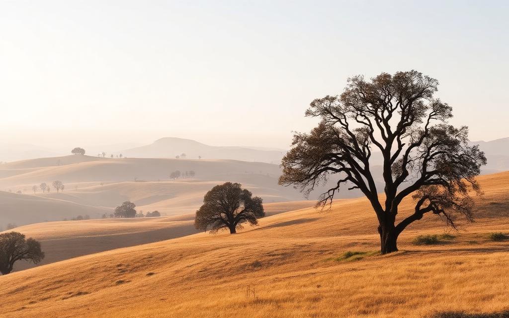 Rolling golden East Bay hills with oak trees in coastal haze