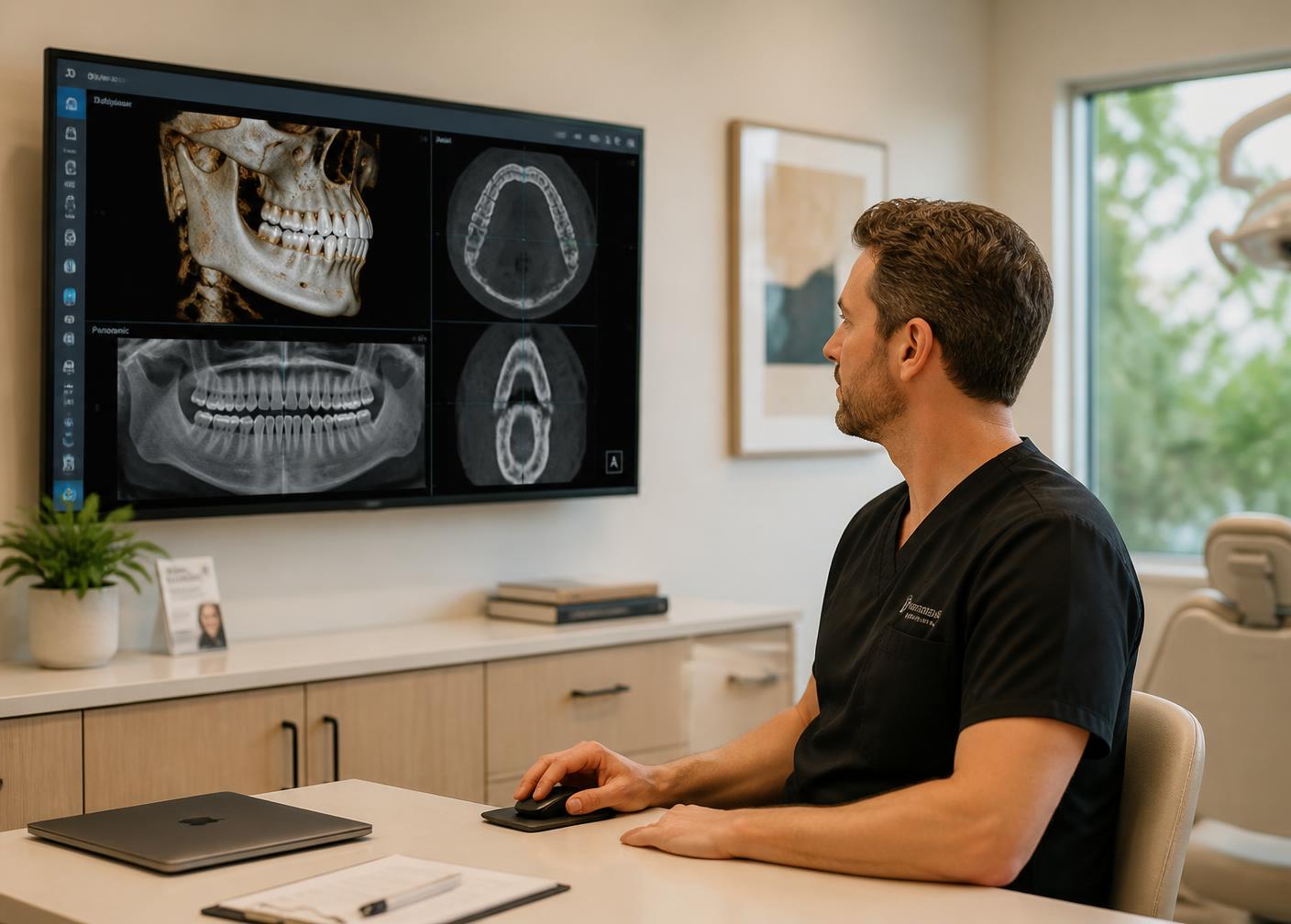 Clinician reviewing a three-dimensional jaw scan on a large monitor