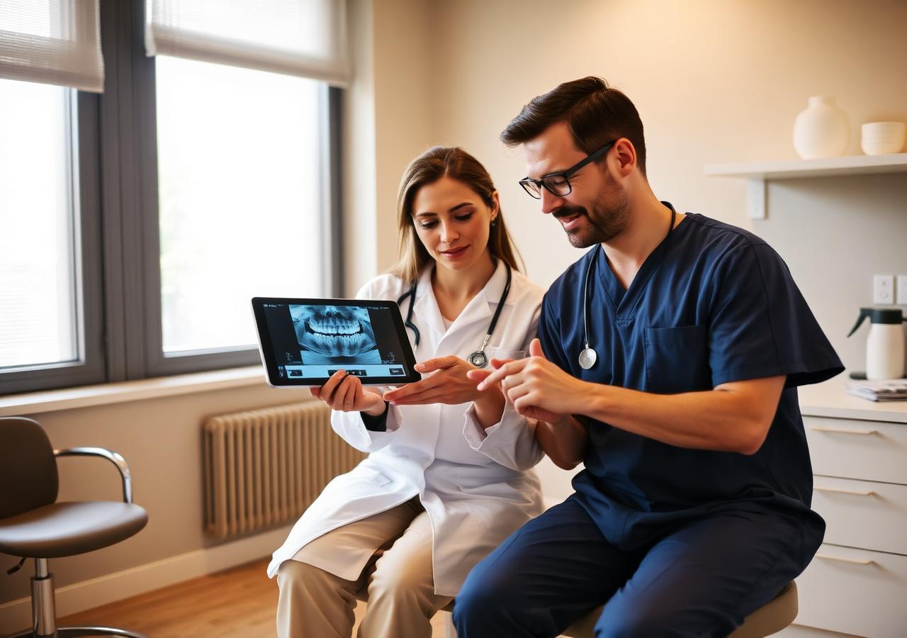 Two clinicians reviewing a panoramic dental scan together on a tablet